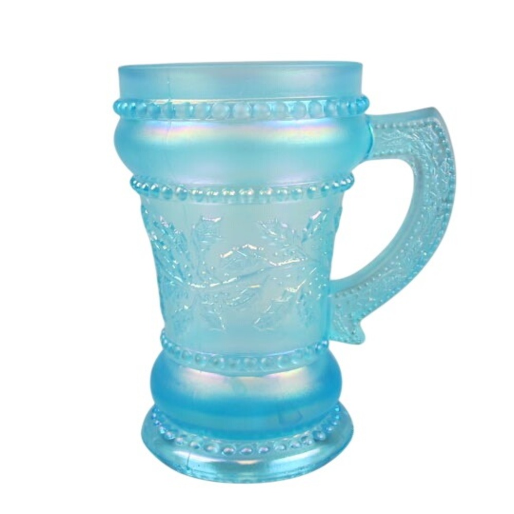 Vintage Summit Art Glass Ice Blue Carnival Mug‎ Beaded Holly 4.25" Tooth Pick